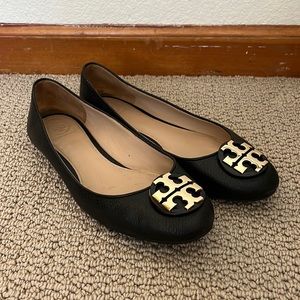 Tory Burch Black Leather Flats with Gold Logo, Size 9
